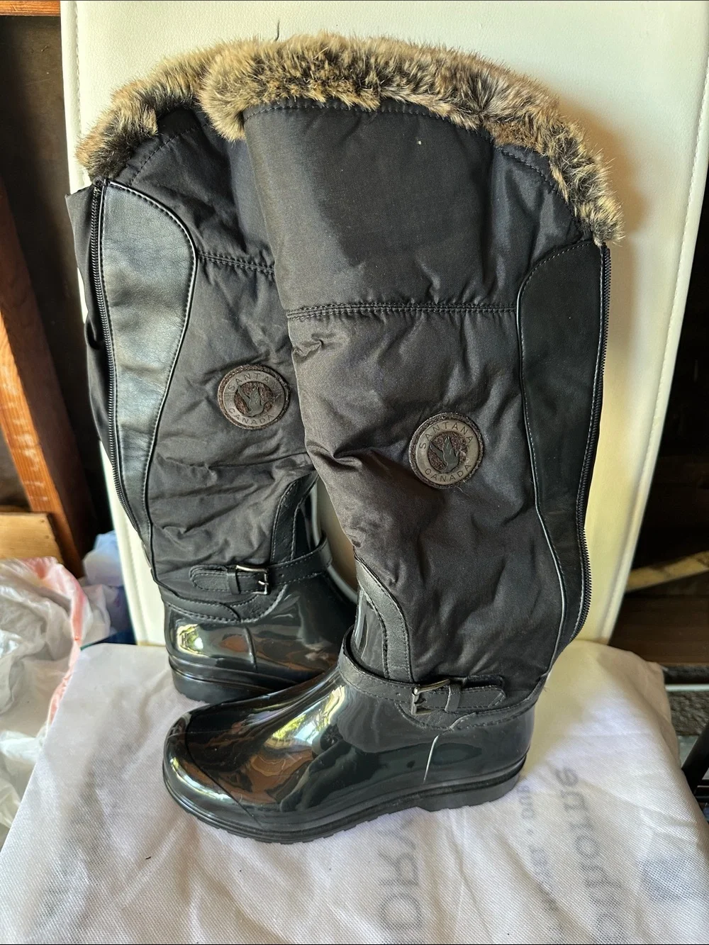 Santana Canada Black Quilted Knee-High Rain Boots with Fur Trim
